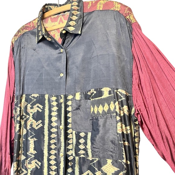 Vtg 90s unbranded Aztec Southwest 100% silk button-up l/s shirt size Large - Picture 2 of 6